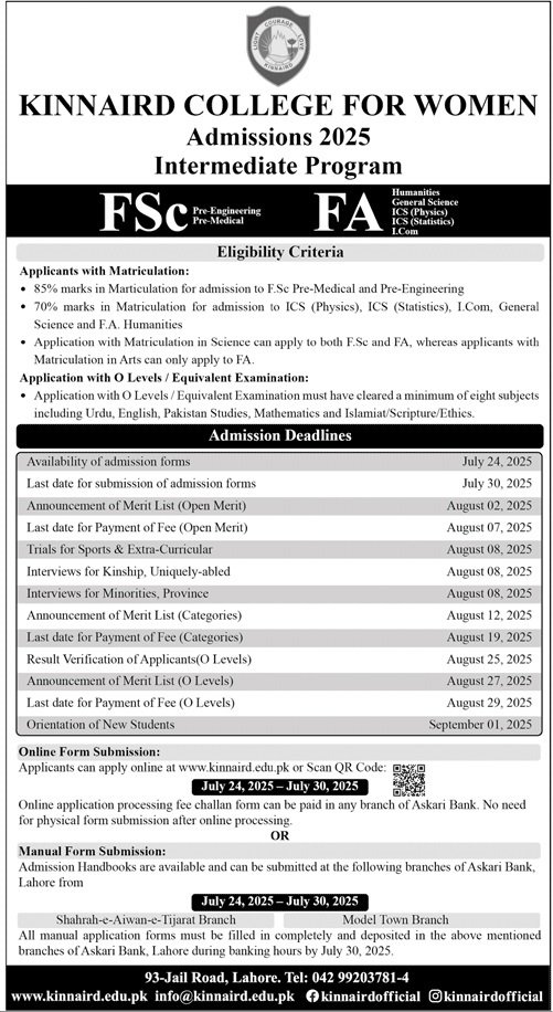 Admission Open in Kinnaird College For Women 2025 – Punjab Kinnaird College for Women Lahore Admissions 2025 — original advertisement