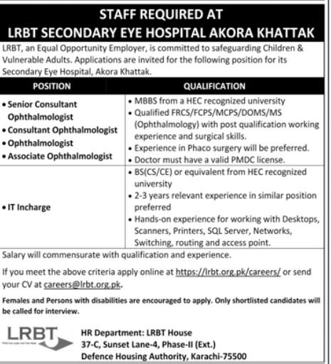 Lrbt Secondary Eye Hospital Akora Khattak Jobs 2025 – LRBT Tertiary Eye Teaching  Hospital Jobs 2025 — original advertisement