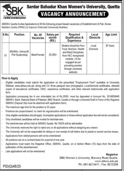 Sardar Bahadur Khan Women University Quetta Jobs 2025 – Sardar Bahadur Khan Women's University Quetta Jobs 2025 — original advertisement