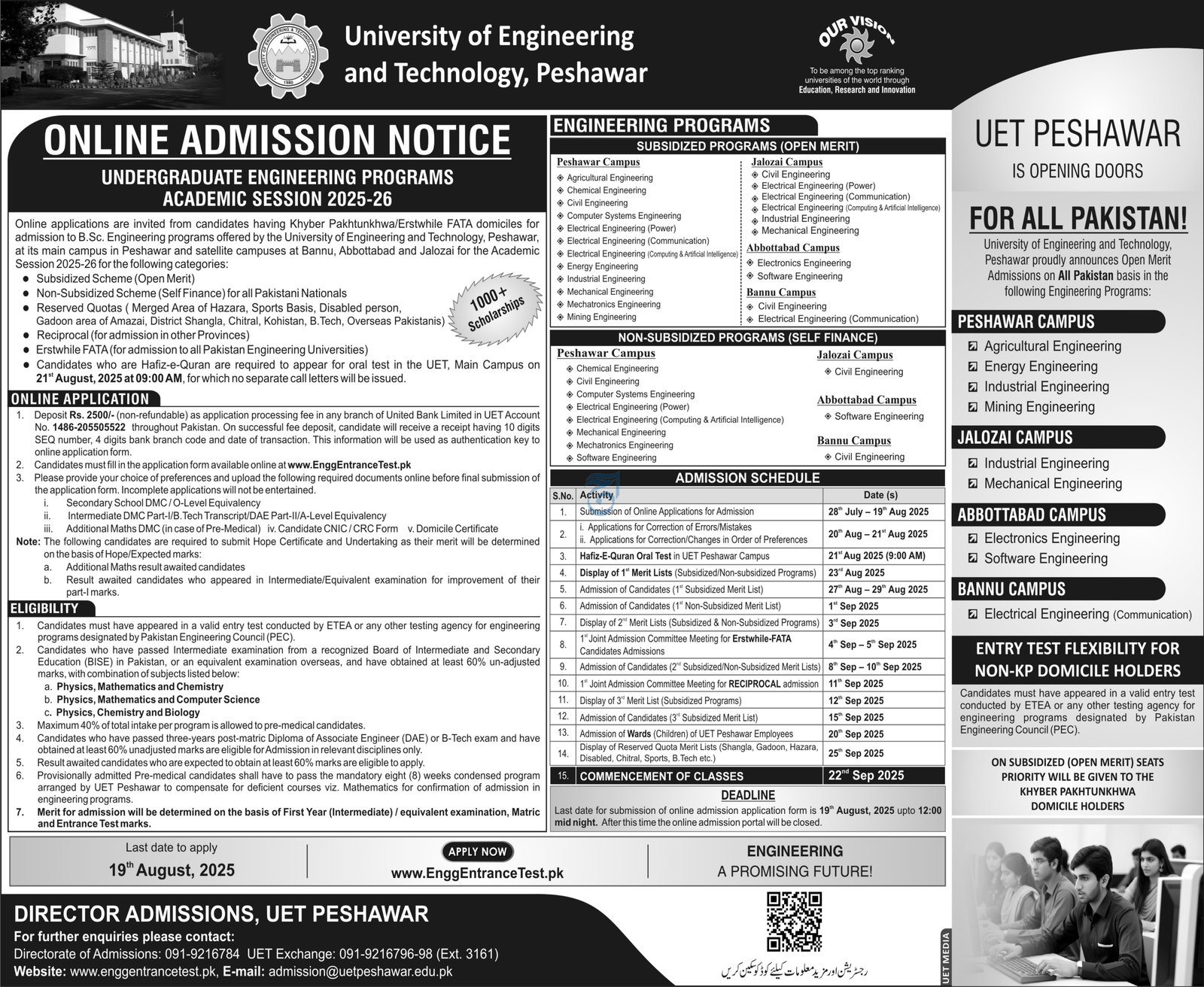 Admission Open in University of Enginering And Technology – University of Engineering and Technology Peshawar Admissions 2025 — original advertisement