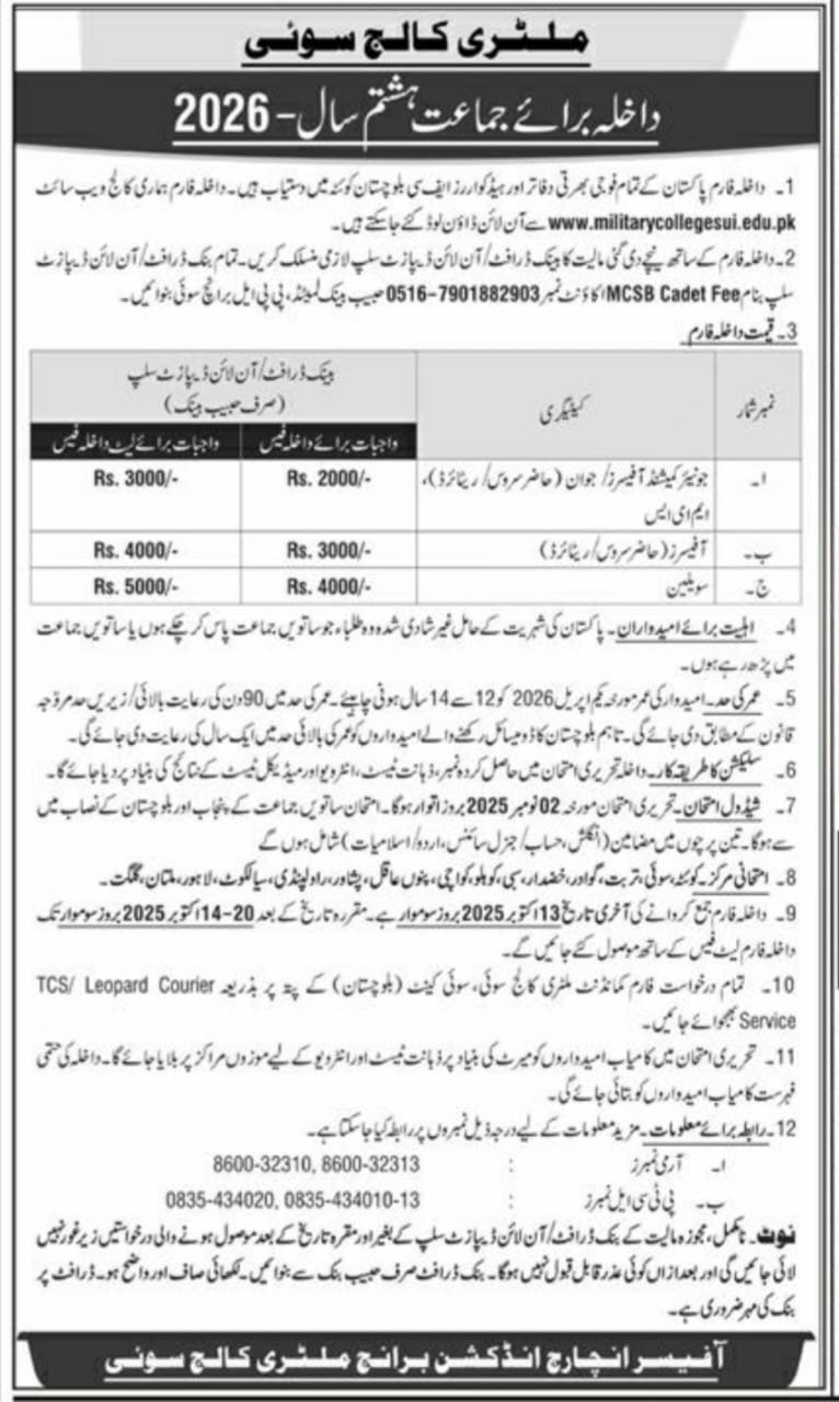 Admission Open in Military College Sui Balochistan 2025 Admissions 2025 — original advertisement