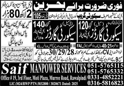 Security Guard Jobs in Bahrin 2025 – Saif Manpower Services Jobs 2025 — original advertisement