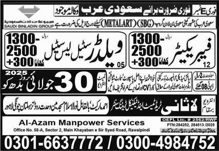 Fabaricator And Welder Jobs in Saudia Arabia 2025 – Lasani Trade Test & Technical Training Center Jobs 2025 — original advertisement