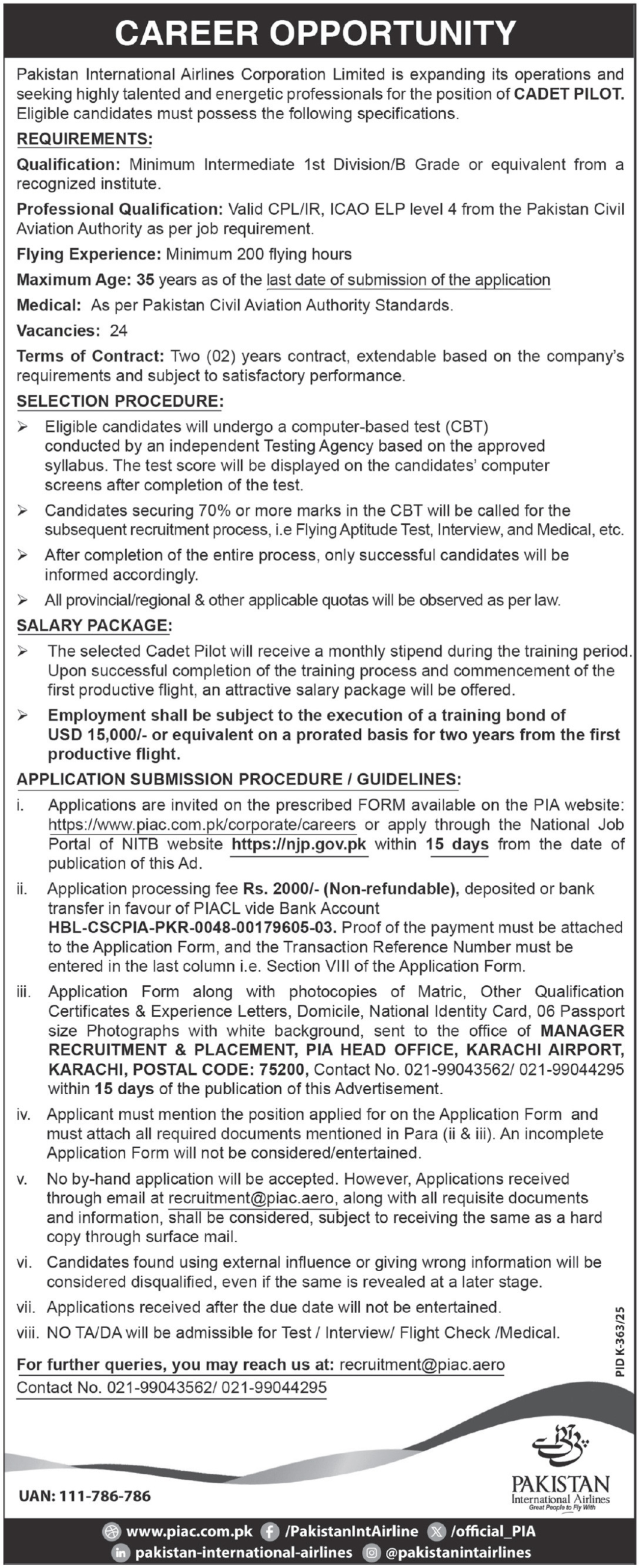 Pakistan International Airlines PIA Jobs 2025 Cadet Pilot Jobs 2025 — original advertisement