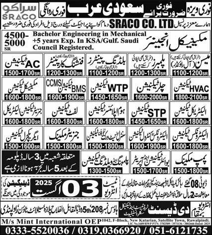 Finishing Carpenter & BMS Technician Jobs 2025 – Mint International Manpower Recruitment Jobs 2025 — original advertisement