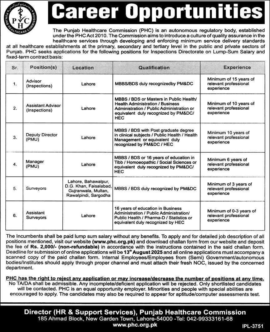 The Punjab Healthcare Commission PHC Lahore Jobs 2025 Jobs 2025 — original advertisement