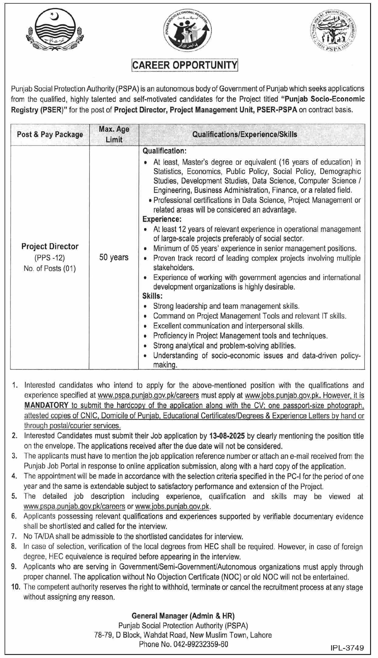PSER Punjab Socio Economic Registry PSPA Jobs 2025 – Punjab Social Protection Authority Jobs 2025 — original advertisement