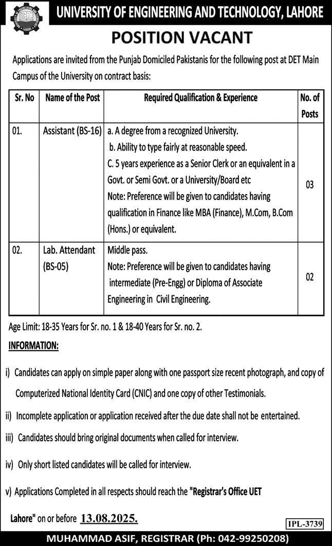 University Of Engineering & Technology UET Lahore Jobs 2025 – University of Engineering  & Technology Lahore Jobs 2025 — original advertisement