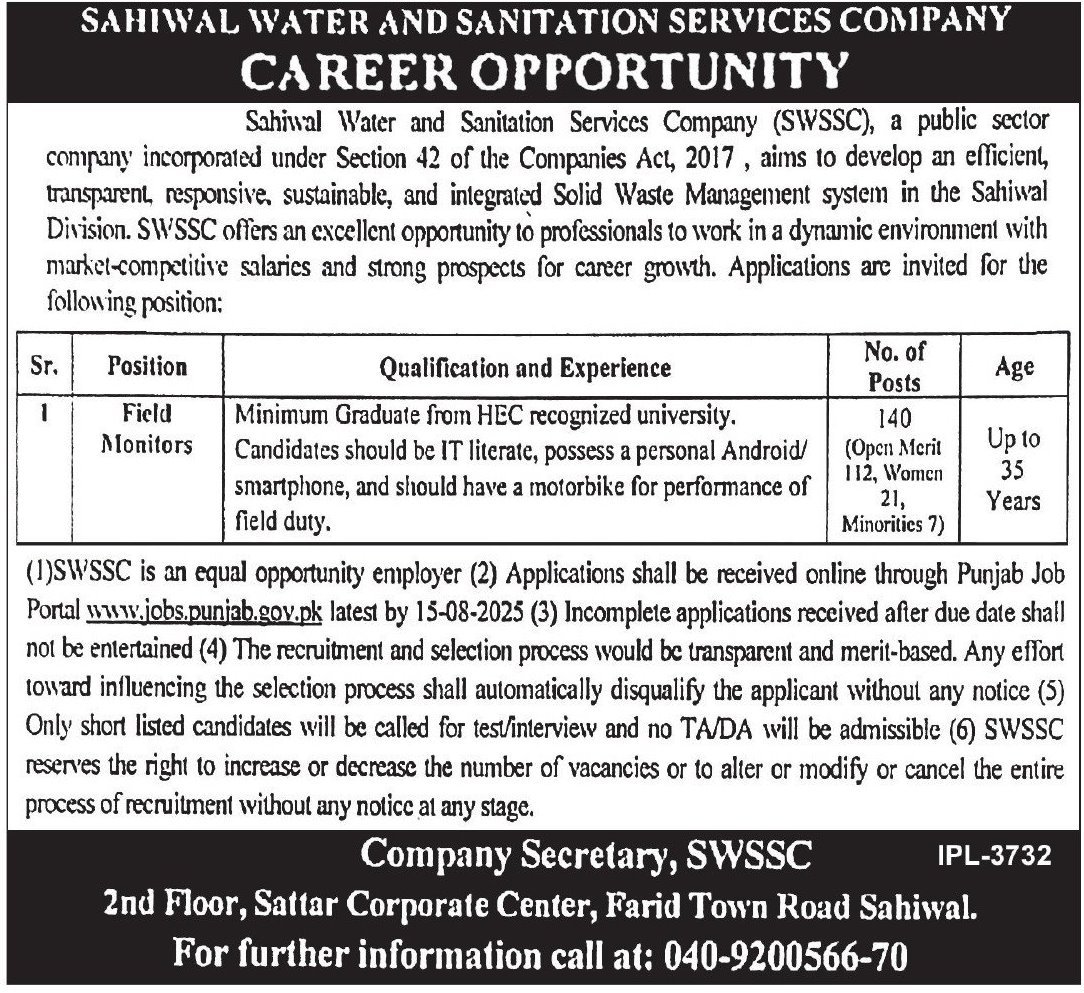 Sahiwal Water & Sanitation Services Company Job 2025 – Irrigation Department Punjab Jobs 2025 — original advertisement