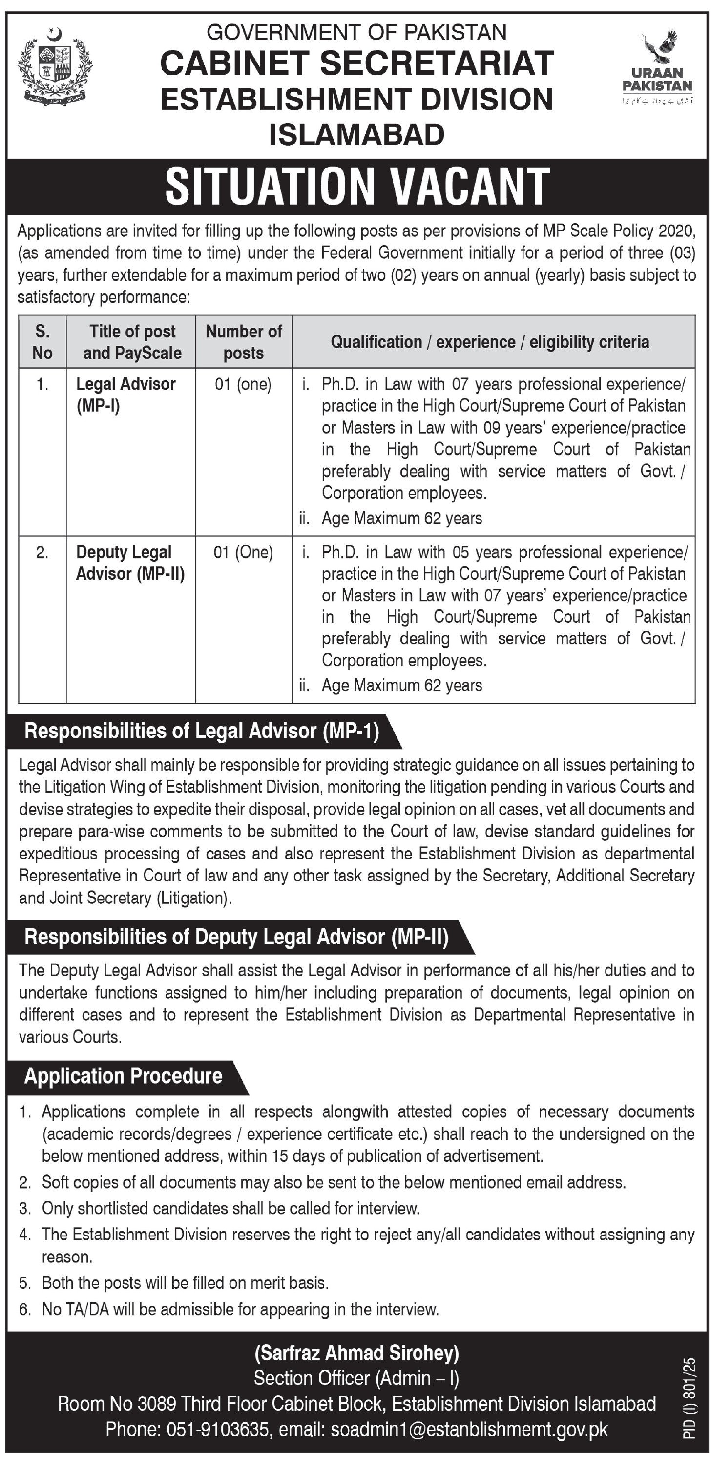 Cabinet Secretariat Islamabad Jobs 2025 For Legal Advisor – Cabinet Division Jobs 2025 — original advertisement
