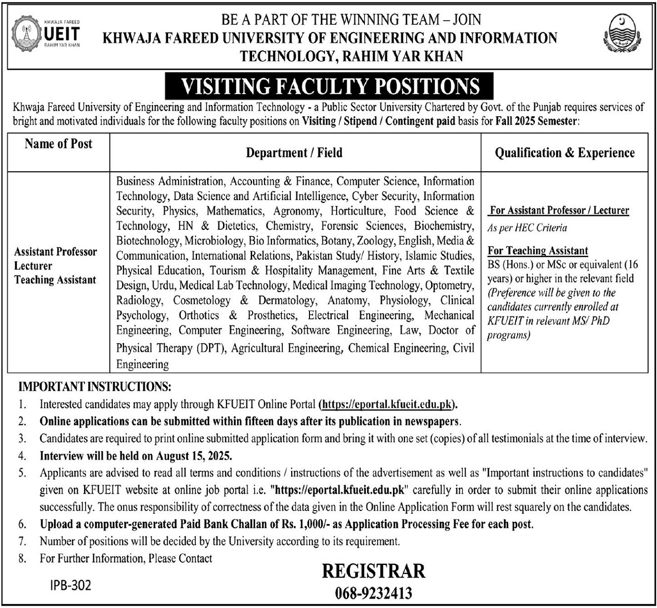 KFUEIT University Of Engineering Rahim Yar Khan Jobs 2025 – Khawaja Fareed University of Engineering and Information Technology Jobs 2025 — original advertisement