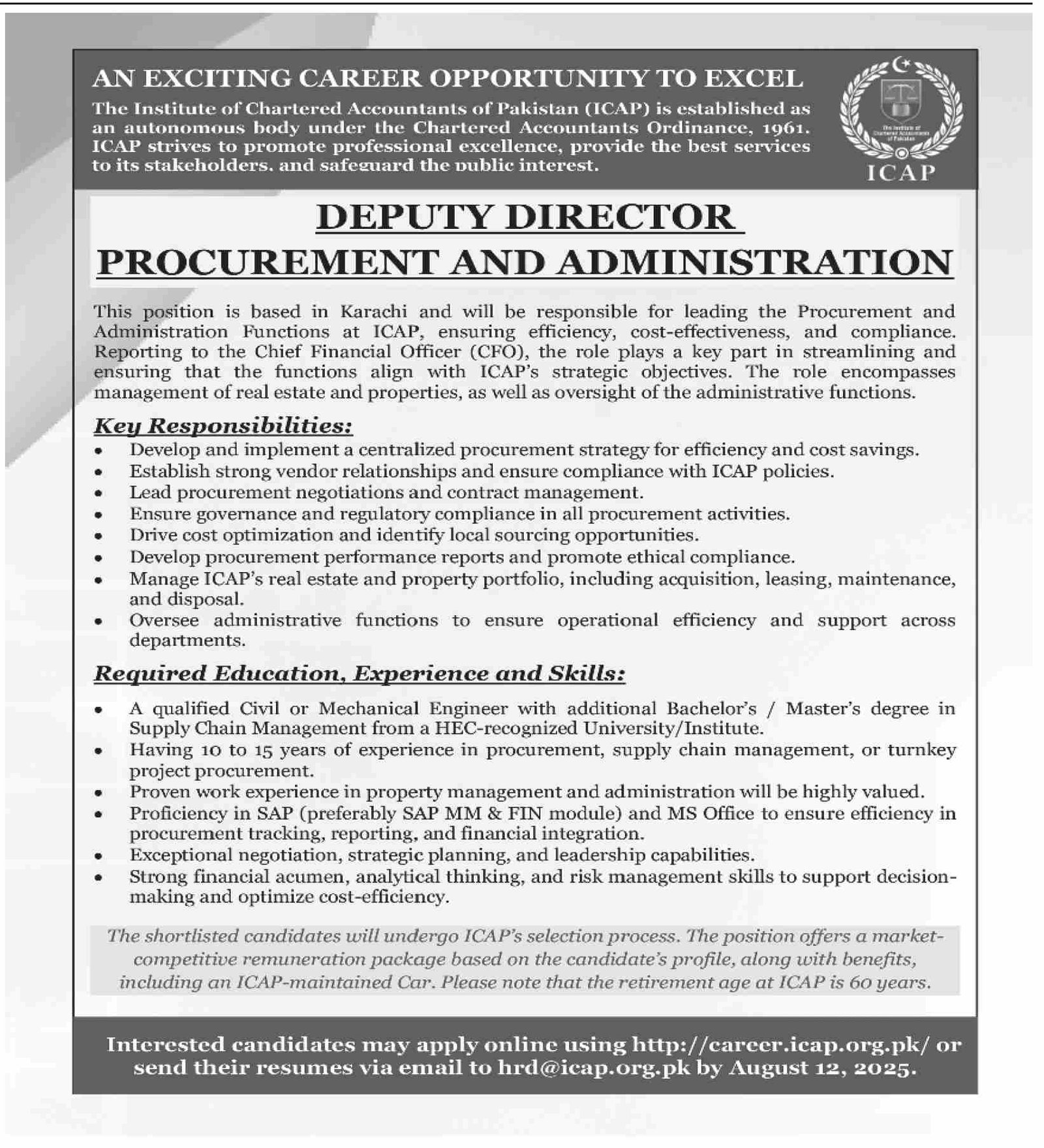 Institute Of Chartered Accountants Of Pakistan ICAP Job 2025 – Federal Government Organization Jobs 2025 — original advertisement