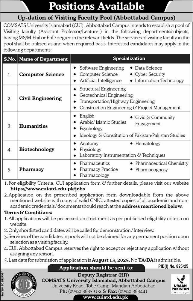 COMSATS University Islamabad Abbottabad Campus Jobs 2025 Jobs 2025 — original advertisement