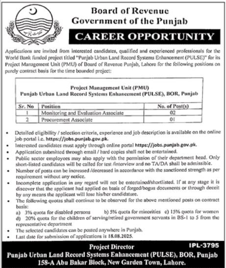 Board Of Revenue Lahore Jobs 2025 – Revenue Department Punjab Jobs 2025 — original advertisement
