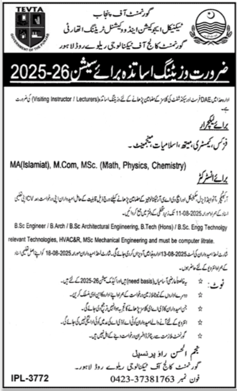 Technical Education & Vocational Training Authority Jobs – Technical Education & Vocational Training Authority TEVTA Punjab Jobs 2025 — original advertisement