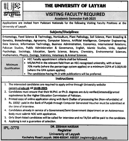University Of Layyah Jobs 2025 Jobs 2025 — original advertisement