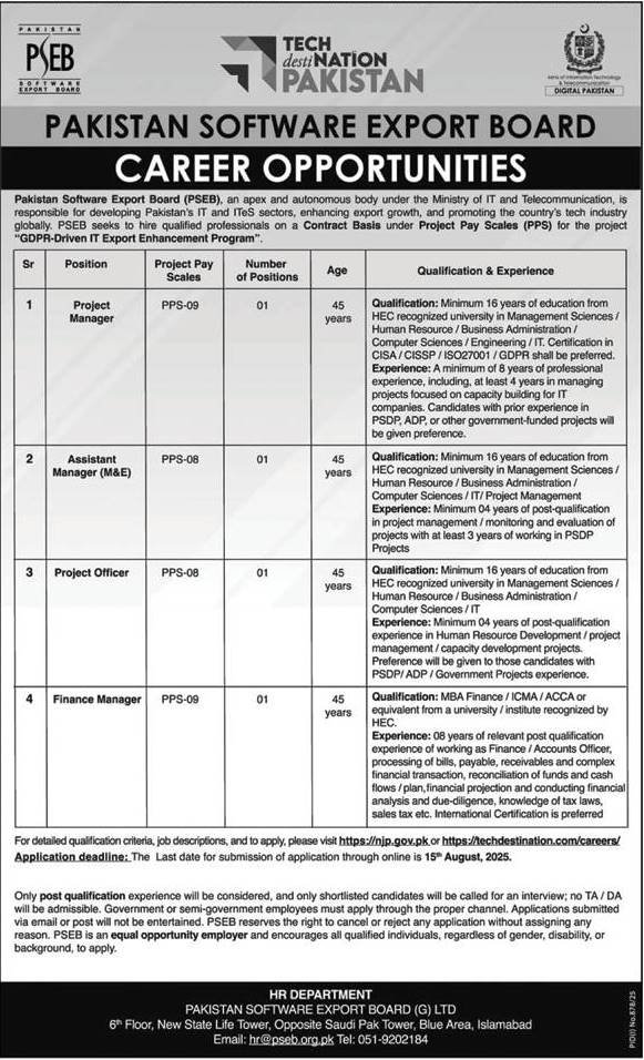 Pakistan Software Export Board PSEB Islamabad Jobs 2025 Jobs 2025 — original advertisement