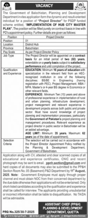 Planning & Development Department Quetta Job 2025 – Planning and Development Department Balochistan Jobs 2025 — original advertisement