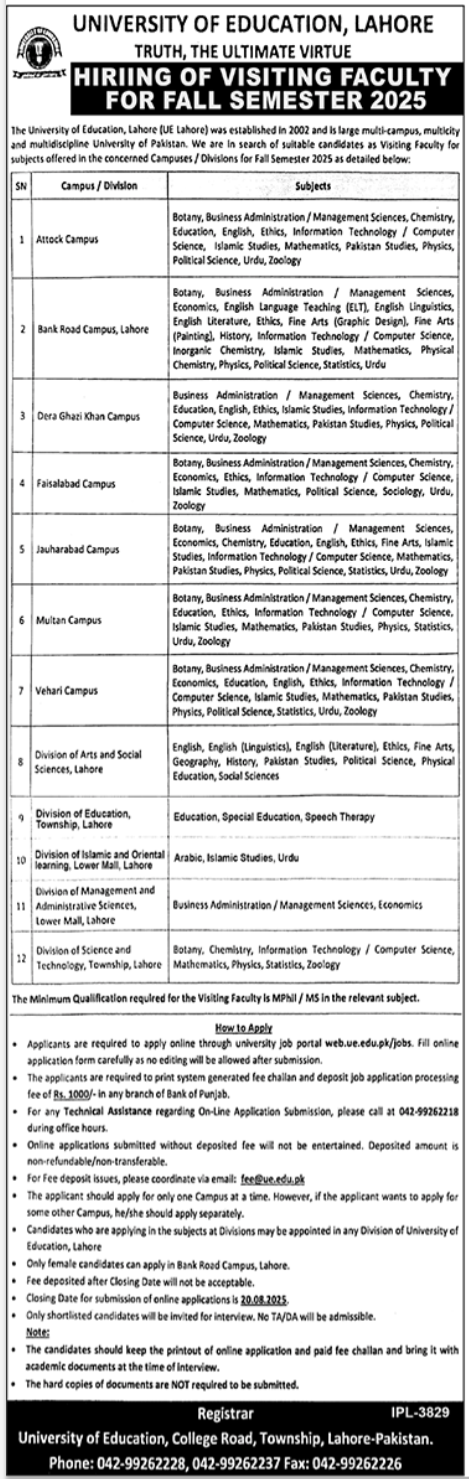 University Of Education Lahore Jobs 2025 Jobs 2025 — original advertisement