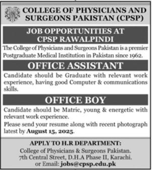 College Of Physicians And Surgeons Pakistan Karachi Jobs Jobs 2025 — original advertisement