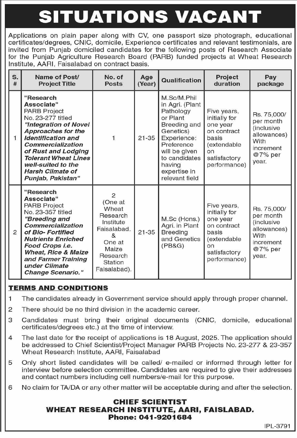 Wheat Research Institute Faisalabad Jobs 2025 – Public Sector Organization Jobs 2025 — original advertisement