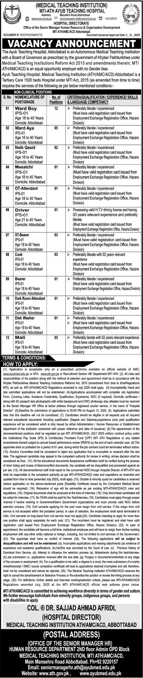 Ayub Teaching Hospital ATH Abbottabad Jobs 2025 – Ayub Medical and Teaching Institution Abbottabad Jobs 2025 — original advertisement