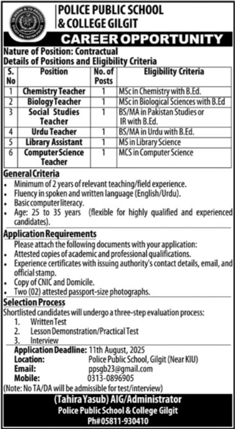 Police Public School & College Gilgit Jobs 2025 – Government of Gilgit-Baltistan Jobs 2025 — original advertisement