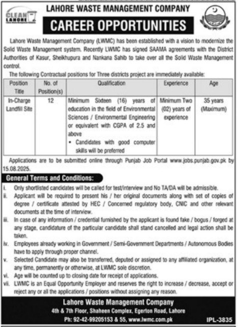 Lahore Waste Management Company Job 2025 – Lahore Waste Management Company Lahore Jobs 2025 — original advertisement