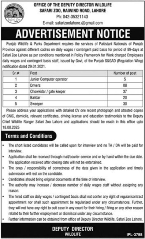 Punjab Wildlife & Parks Department Lahore Jobs 2025 – Forest Wildlife & Fishries Department Punjab Jobs 2025 — original advertisement