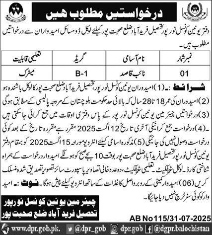 Union Council Sohbatpur Job 2025 Jobs 2025 — original advertisement