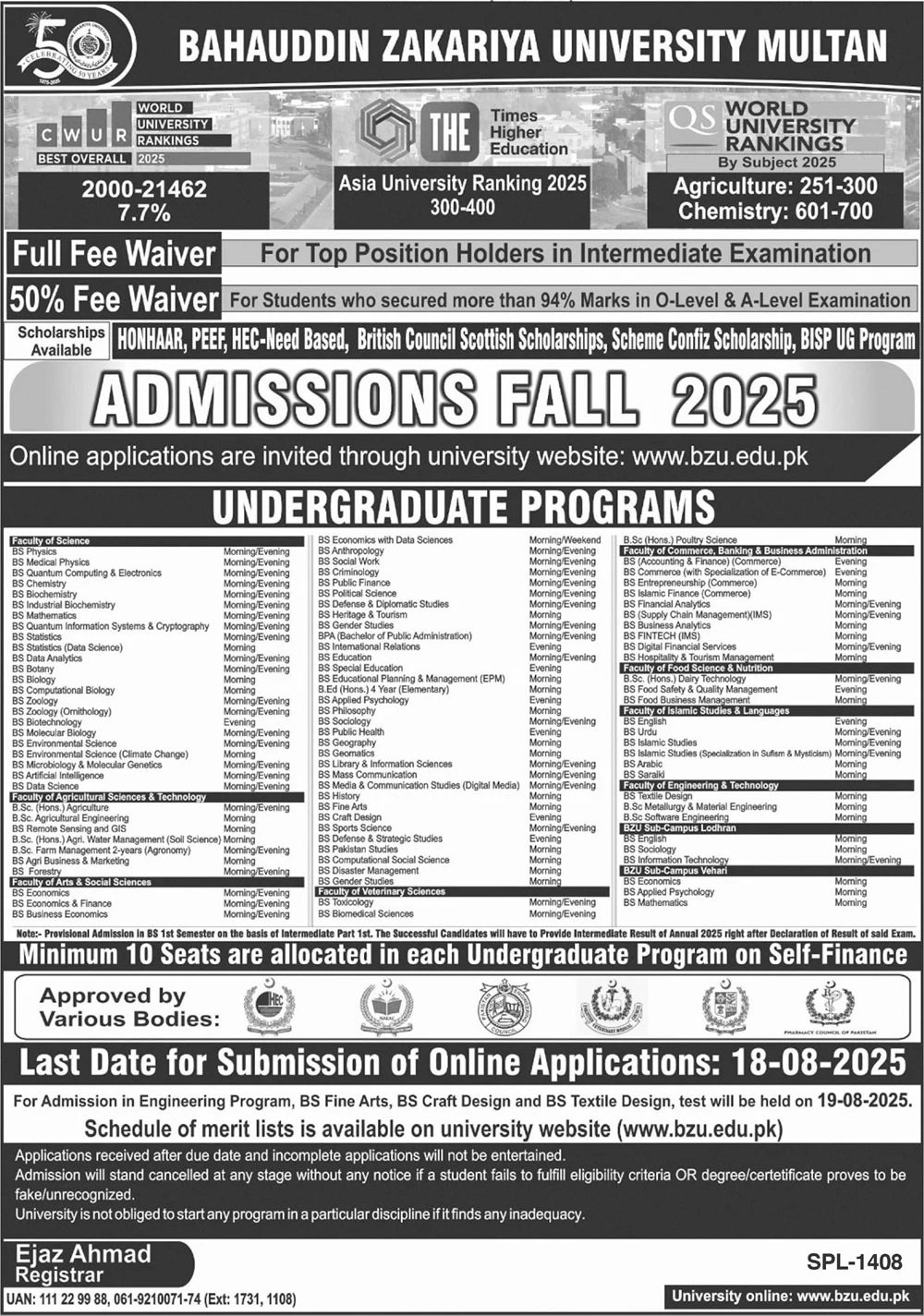 Admission Open in Bahuddin Zakariya University Multan 2025 – Bahauddin Zakariya University Multan Admissions 2025 — original advertisement