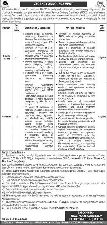Balochistan HealthCare Commission Jobs 2025 – Health Department Balochsitan Jobs 2025 — original advertisement