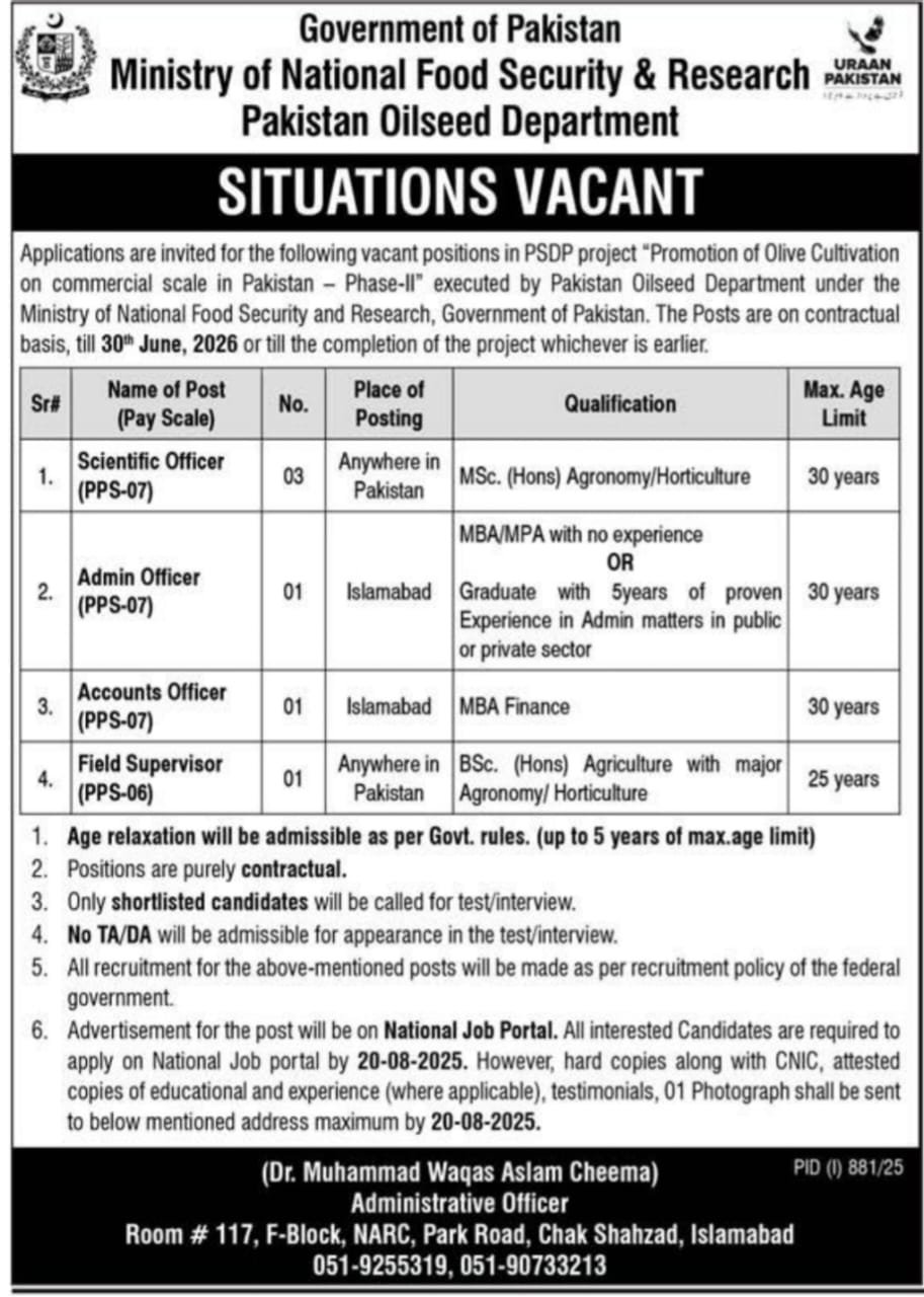 Ministry of National Food Security & Research Jobs 2025 Jobs 2025 — original advertisement