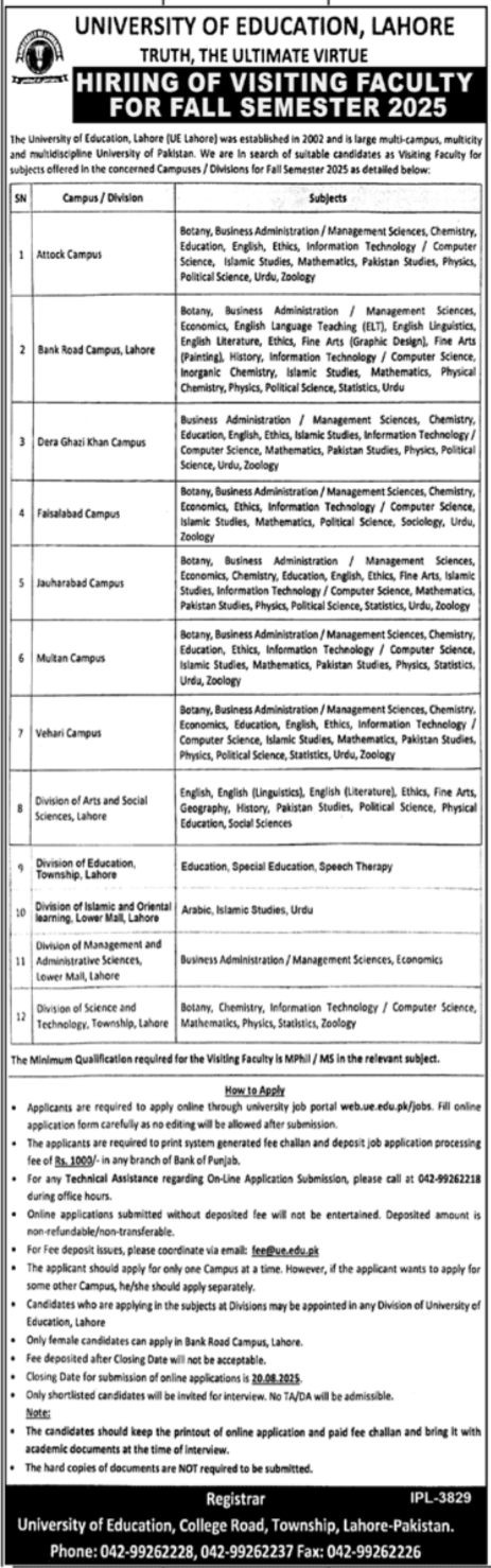 University Of Education Lahore Jobs 2025 Jobs 2025 — original advertisement