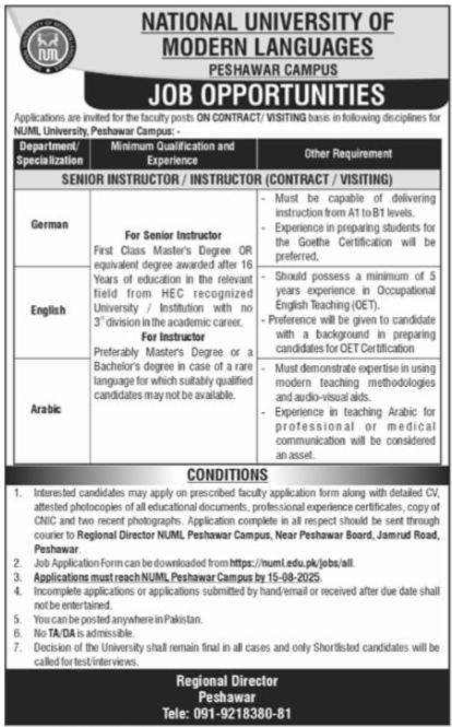 NUML University Peshawar Campus Jobs 2025 For Instructors – National University of Modern Languages Islamabad Jobs 2025 — original advertisement