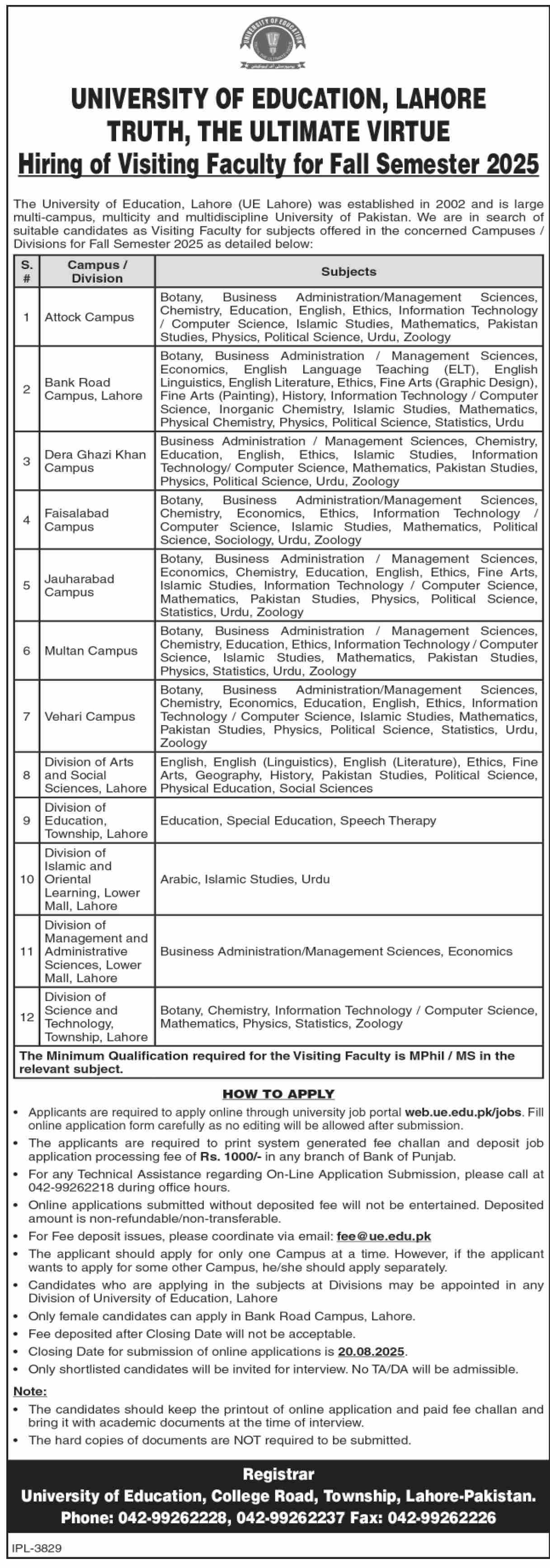 University Of Education Lahore Jobs 2025 Jobs 2025 — original advertisement