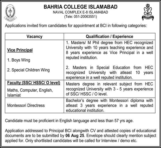 Bahria College Islamabad BCI Jobs 2025 For Vice Principal – Bahria College Naval Complex E-8 Islamabad Jobs 2025 — original advertisement