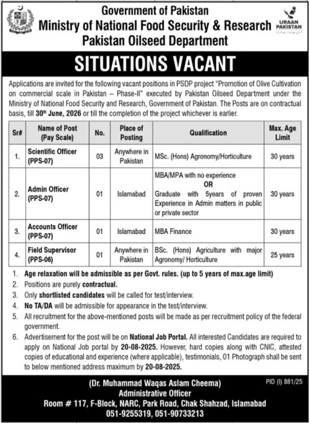 Pakistan Oilseed Department Jobs 2025 – Ministry of National Food Security & Research Jobs 2025 — original advertisement
