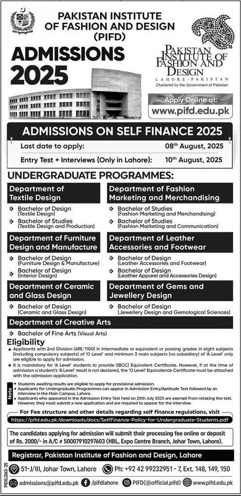 Admission Open in Pakistan institute of Fashion & Design – Pakistan Institute of Fashion and Design PIFD Lahore Admissions 2025 — original advertisement