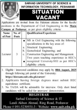 Sarhad University Of Science & IT Jobs 2025 – Sarhad University of Science and Information Technology Peshawar Jobs 2025 — original advertisement