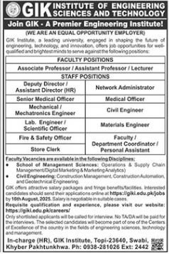Ghulam Ishaq Khan Institute of Engineering science Jobs – Ghulam Ishaq Khan GIK Institute of Engineering Sciences and Technology Swabi Jobs 2025 — original advertisement
