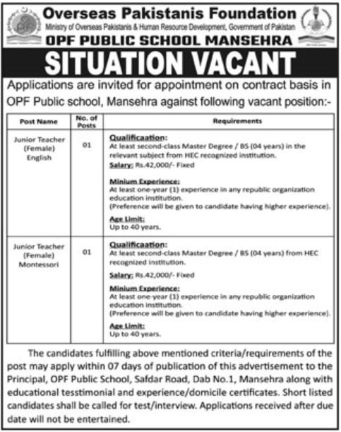 OPF Public School Manshera Jobs 2025 Jobs 2025 — original advertisement