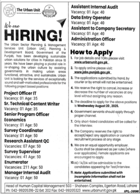 The Urban Unit Lahore Jobs 2025 – The Urban Unit Punjab Jobs 2025 — original advertisement