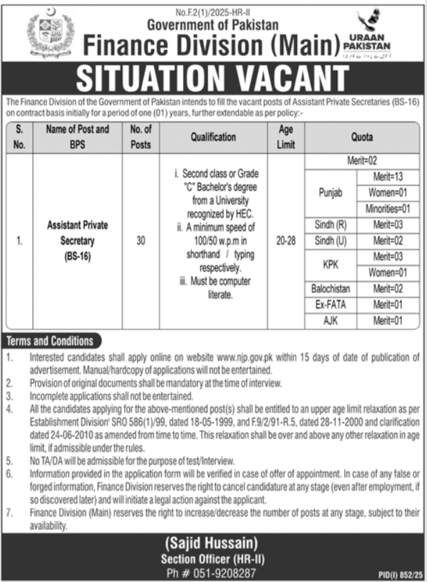 Finance Division Islamabad Job 2025 Jobs 2025 — original advertisement