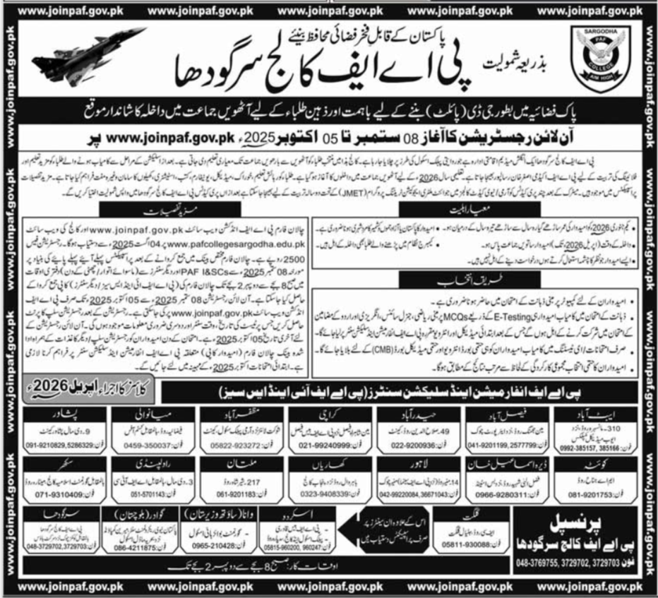 PAF College Sargodha Jobs 2025 – Pakistan Air Force Jobs 2025 — original advertisement