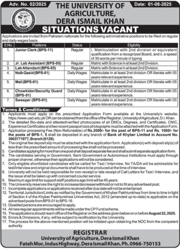 The University Of Agriculture Dera Ismail Khan Jobs Jobs 2025 — original advertisement