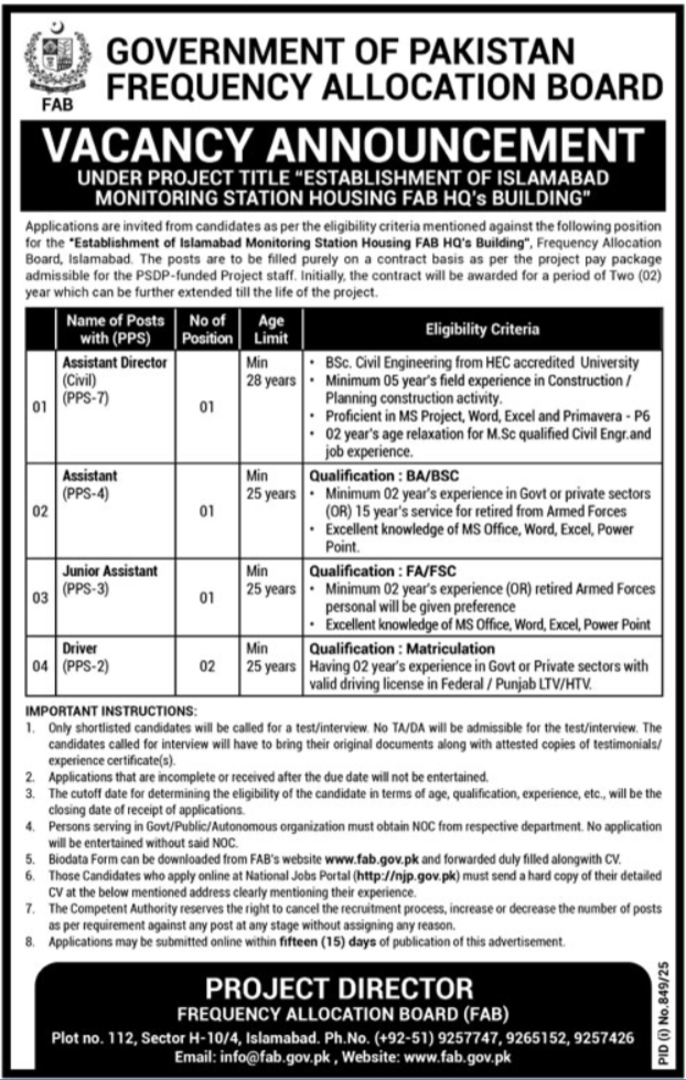 Frequency Allocation Board Islamabad Jobs 2025 Jobs 2025 — original advertisement