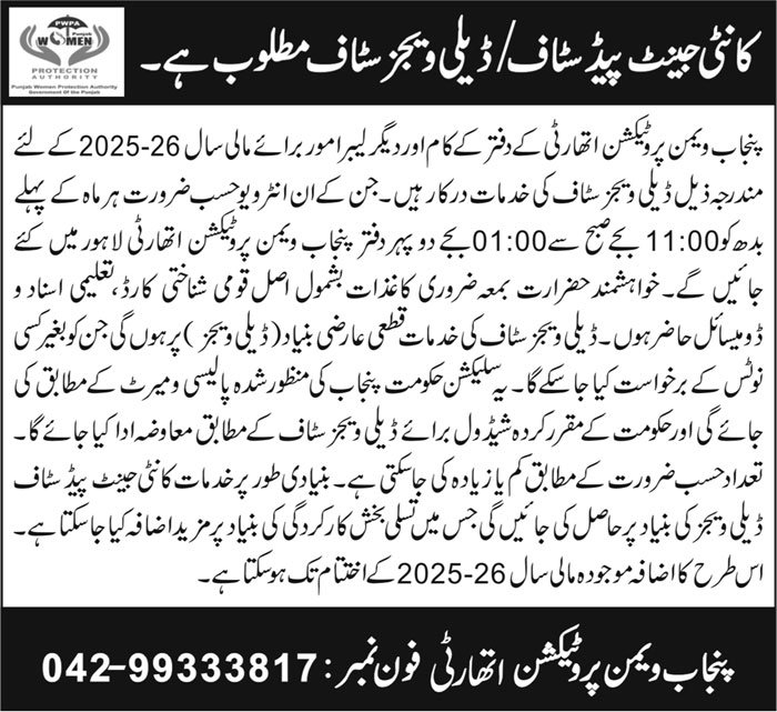 Punjab Women Protection Authority Lahore Jobs 2025 – Public Sector Organization Jobs 2025 — original advertisement
