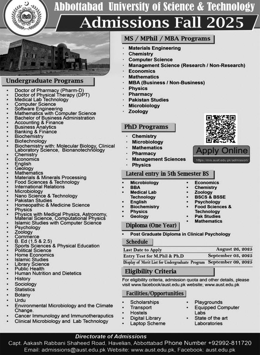 Admission Open in Abbottabad University of Science & Techn – Abbottabad University of Science and Technology Admissions 2025 — original advertisement