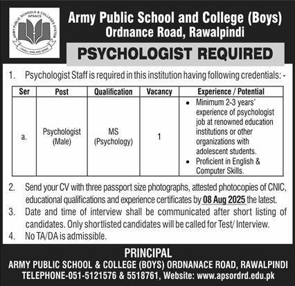Army Public School And College Boys Rawalpindi Jobs 2025 – Army Public School & College Paksitan Jobs 2025 — original advertisement